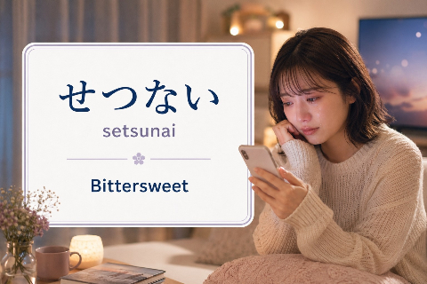 Japanese sad words vocabulary image for せつない (setsunai), meaning bittersweet, with a tearful woman looking at her smartphone