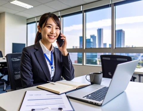 Japanese businesswoman talking politely on the phone in a modern office, expressing 'Osewa ni natte orimasu' in a professional tone